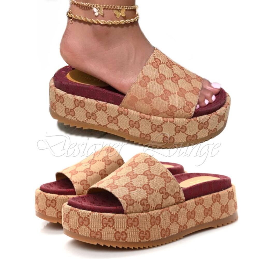NEW GUCCI Angelina GG Beige Monogram Platform Slide Sandals Size EU 37 US 7